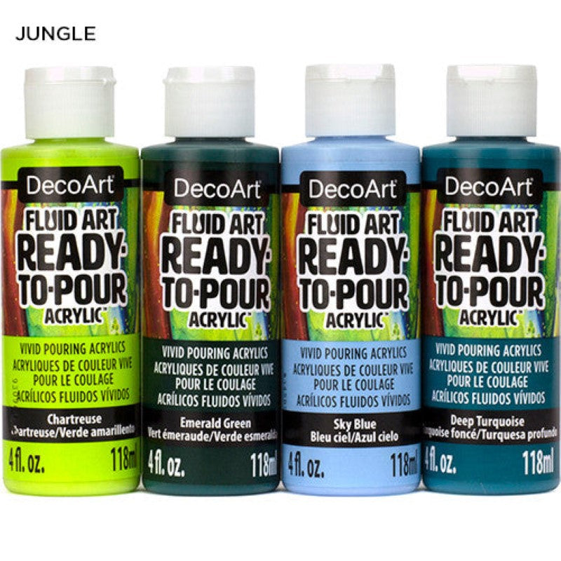 Decoart Fluidart Jungle Paint Pouring Kit featuring vibrant, ready-to-pour acrylics for creating stunning fluid art.