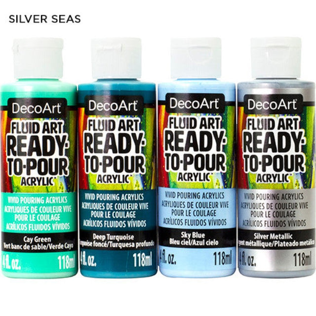 Decoart Fluidart Silver Seas Paint Pouring Kit for vibrant, ocean-inspired fluid art on various surfaces.