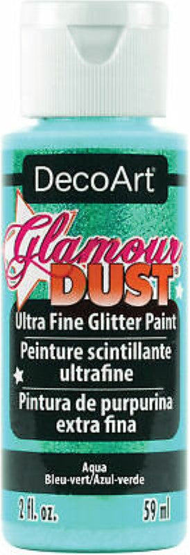 Bottle of AQUA Decoart Glamour Dust Glitter Paint showcasing ultra-fine shimmer ideal for arts and crafts projects.