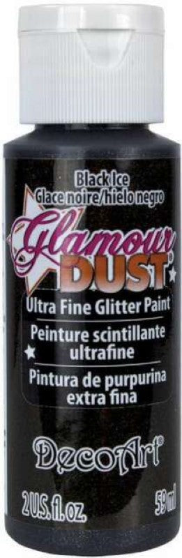 Decoart Glamour Dust BLACK ICE paint in 2oz bottle, featuring ultra-fine glitter for a sparkling finish on crafts and decor.