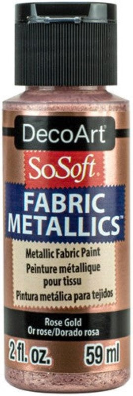 Rose gold 2oz fabric paint by Decoart, featuring a soft texture and vibrant metallic finish, ideal for customizing designs.