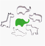 Set of 5 jungle animal metal cutters for baking, including lion, elephant, monkey, giraffe, and zebra.