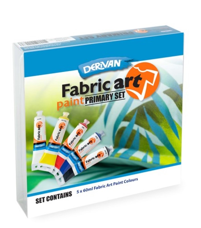 Derivan Fabric Art Paint Primary Set featuring vibrant, non-toxic colors for DIY fabric projects, ideal for all ages.