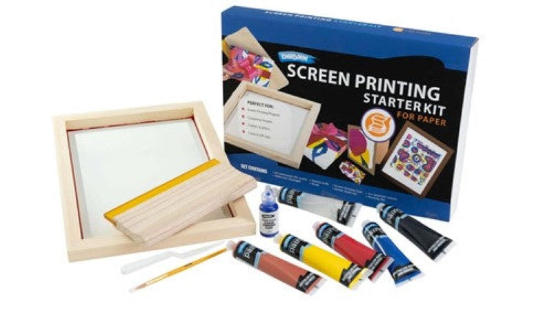 Derivan Silk Screen Starter Set for Paper, featuring tools for artistic printing on paper and cardboard.