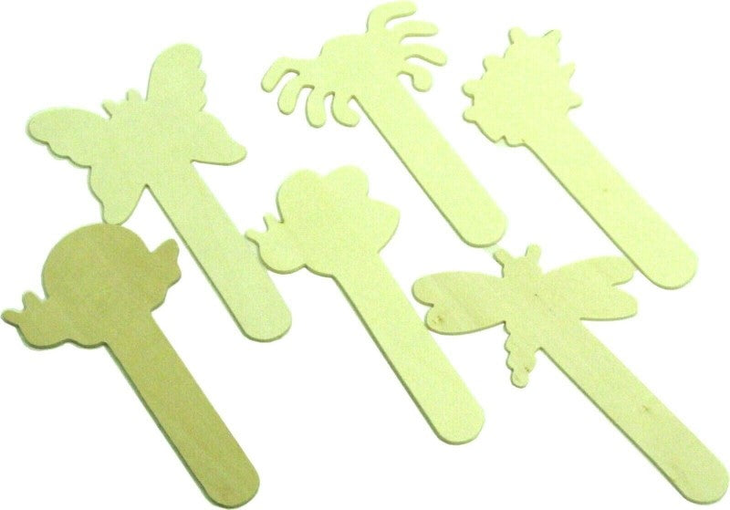 Colorful set of 6 worm-shaped craft sticks featuring a spider, butterfly, dragonfly, ladybug, and 2 snails for creative play.