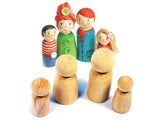 Colorful wooden family figures set of 8, perfect for imaginative play and storytelling for children aged 3 and up.