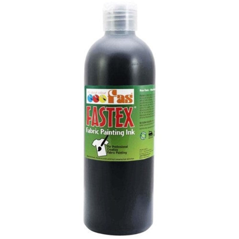 Fastex Fabric Painting Ink 500ml in black, water-based, non-toxic, vibrant for screen printing and fabric art.