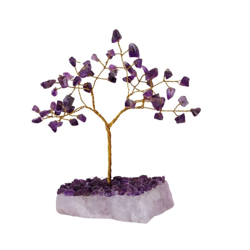 Amethyst tree with gem chips atop a natural white jade base, promoting elegance and positive energy in any space.