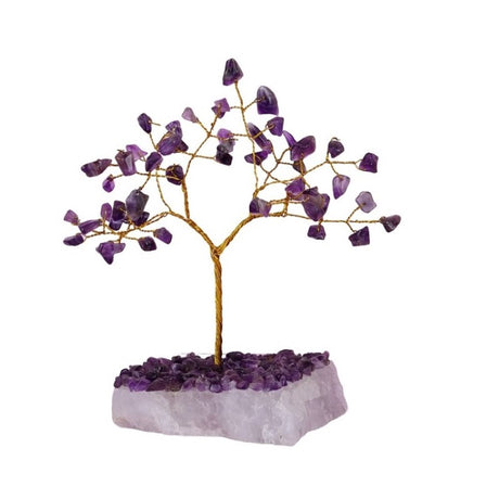 Amethyst tree with gem chips atop a natural white jade base, promoting elegance and positive energy in any space.