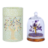 Handcrafted amethyst dome crystal tree with 150 genuine chips, promoting healing and tranquility in a beautiful glass display.