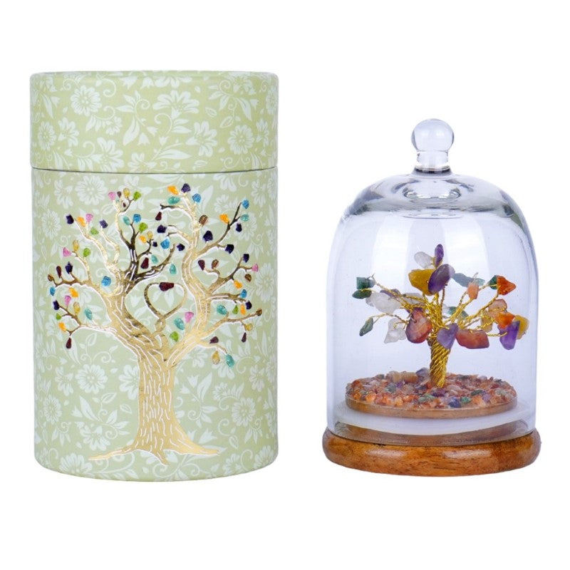 Handcrafted Chakra Dome Crystal Tree with seven gem colors for energy balance, housed in a beautiful glass dome.