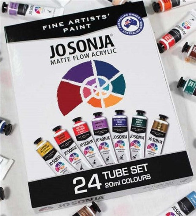 Colorful Jo Sonja Acrylic Paint set of 20, featuring vibrant, high-quality pigments in a sturdy box for artists.