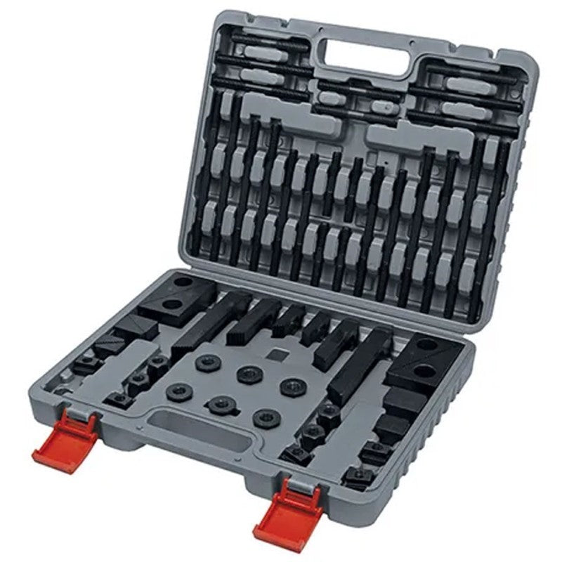 ITM 58pc T-Slot Clamp Kit for 16mm T-slots, includes various nuts, clamps, and step blocks for versatile metalworking support.