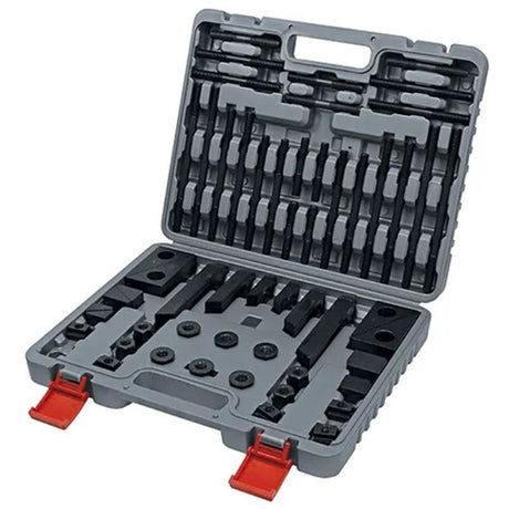ITM 58pc T-Slot Clamp Kit for 16mm T-slots, includes various nuts, clamps, and step blocks for versatile metalworking support.