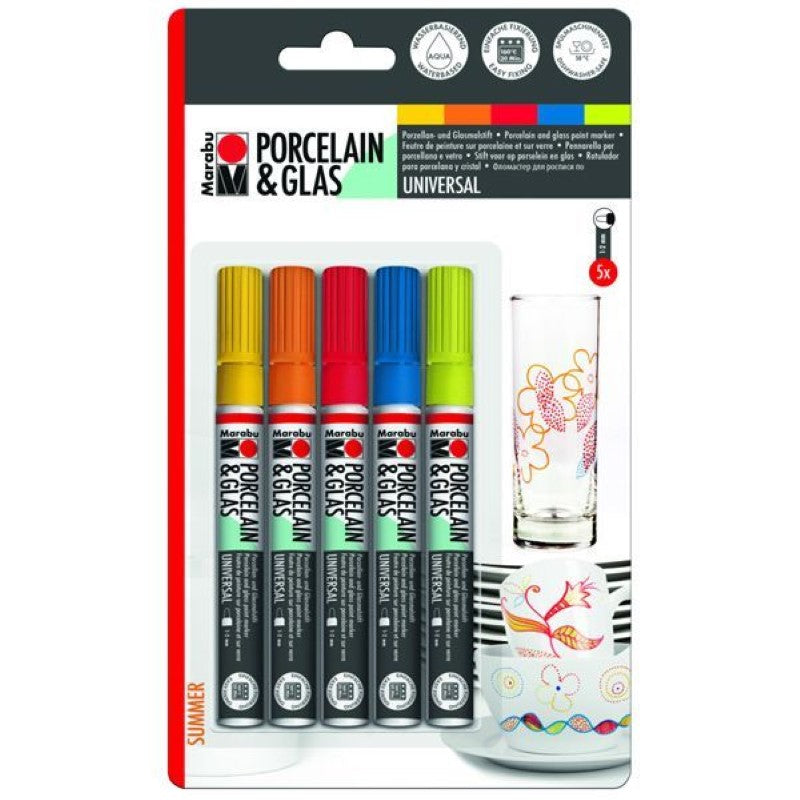 Set of 5 vibrant summer markers for decorating ceramics and glass, featuring 1.2mm tips and non-toxic, water-based ink.