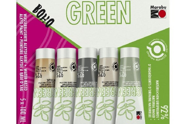 Set of 5 Marabu Green Matt Universal Paints, featuring vibrant eco-friendly colors suitable for various art projects.