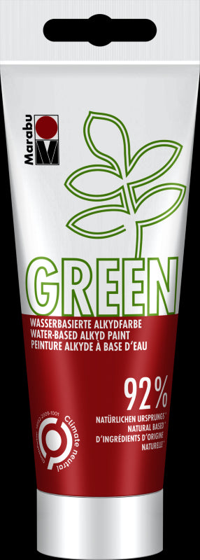 Bright red Marabu Green water-based alkyd paint in a 100ml bottle, eco-friendly and vegan, perfect for various art projects.