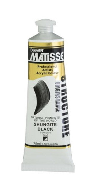 Derivan Matisse Structure Paint 75ml in Shungite Black S6, a rich acrylic for textured effects with high lightfastness.