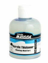 Acrylic thickening medium enhancing viscosity and flow for textured artistic applications without color loss.