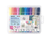 Mungyo Fabric Markers set with 12 vibrant, quick-drying, non-toxic colors in a portable resealable case for creative fabric projects.