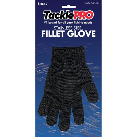 TacklePro Stainless Steel Fillet Glove (L) for safe, flexible fish handling with superior grip and comfort during filleting.