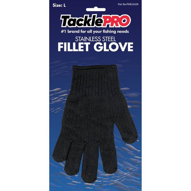 TacklePro Stainless Steel Fillet Glove (L) for safe, flexible fish handling with superior grip and comfort during filleting.