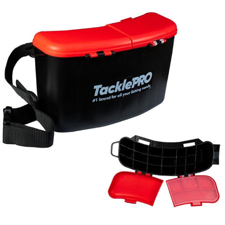 TacklePro Mega Tackle & Bait Box featuring durable, lightweight design with adjustable strap and drain holes for convenient fishing gear storage.