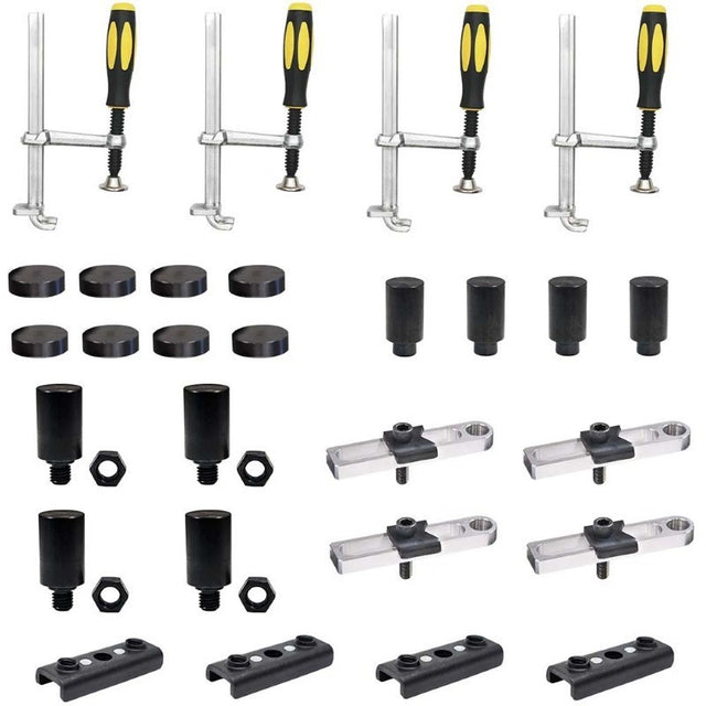 28-piece modular clamp and component kit with various components for precise setup and stability in fabrication projects.