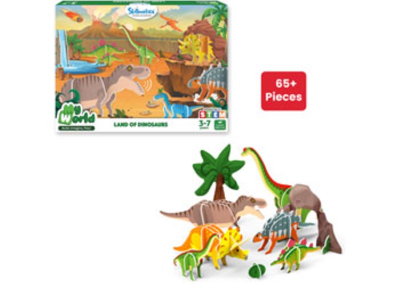 Eco-friendly dinosaur playset with 80+ vibrant pieces for imaginative play and learning in a plastic-free environment.