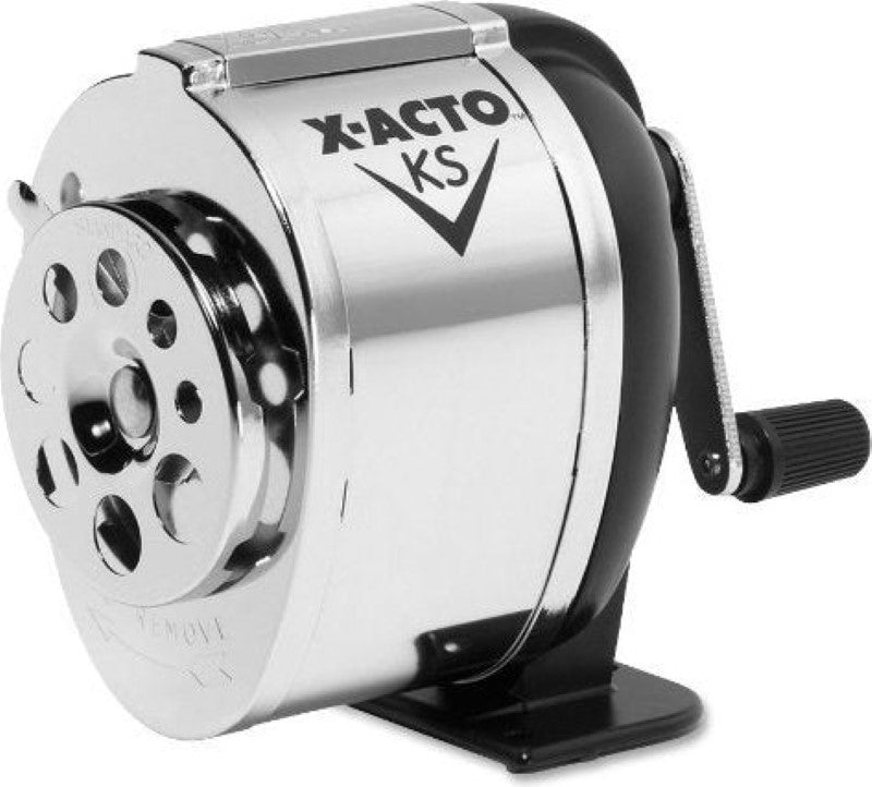 X-Acto Boston KS Pencil Sharpener with adjustable guide, durable carbon steel blades, perfect for classrooms and workshops.