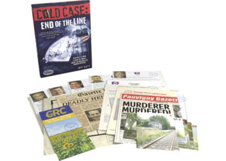 ThinkFun Cold Case: End of the Line board game showcasing mystery-solving clues for thrilling gameplay and teamwork.