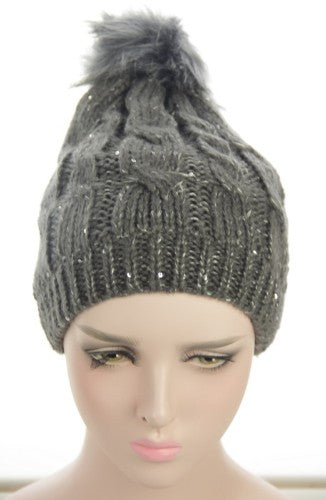 Sun Hat/Sunhat - Beanie With Sequins & Lining - Grey