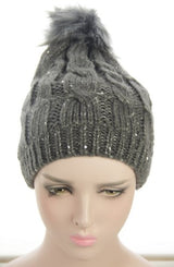 Sun Hat/Sunhat - Beanie With Sequins & Lining - Grey