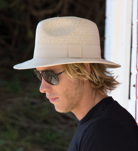 Contemporary unisex fedora hat in natural color, large size, provides UPF 50+ sun protection with a stylish braided design.