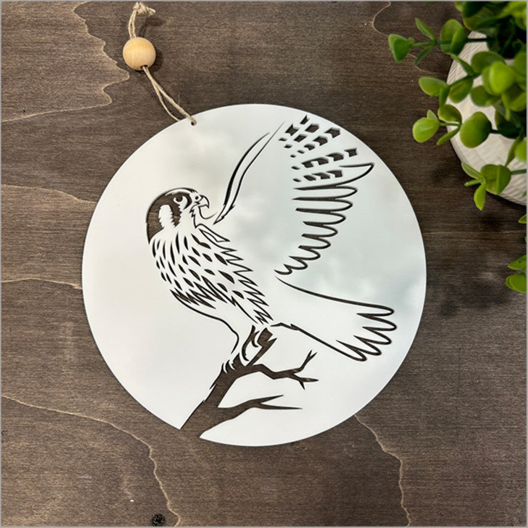 Kiwiana Wall Art - Hanging Acrylic Circle Falcon / Karearea (White)