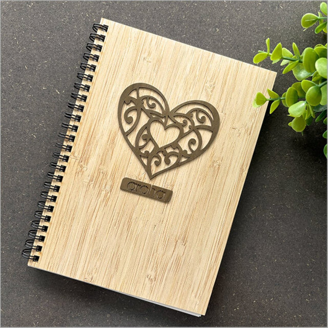 Bamboo journal with Riverwood Rimu motif, 110 pages of 110gsm paper, perfect for travel notes and sketches.