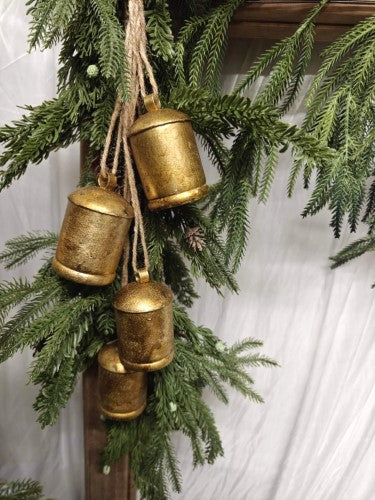 Ornament - Gold Metal Vintage Bells with Jute Hanging Rope (11cm X 6.5cm)