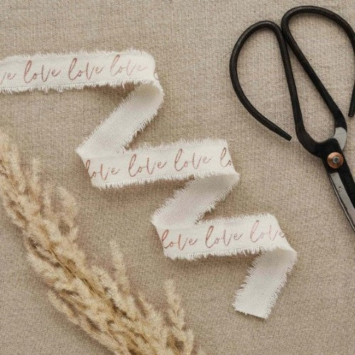 DIY Wedding Rose Gold 'Love' Frayed White Cotton Ribbon - 25mm x 5m