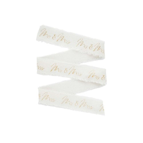 DIY Wedding Gold 'Mr & Mrs' Frayed White Cotton Ribbon - 25mm x 5m