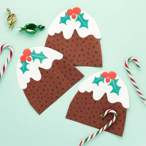 Merry Christmas Pudding Shaped Napkins - Pack of 16