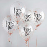 Metallic Mix Up Rose Gold 'Happy 16th' Confetti 30cm Latex Balloons - Pack of 5