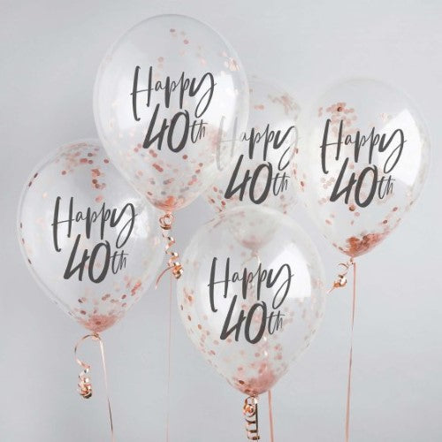 Metallic Mix Up Rose Gold 'Happy 40th' Confetti 30cm Latex Balloons - Pack of 5