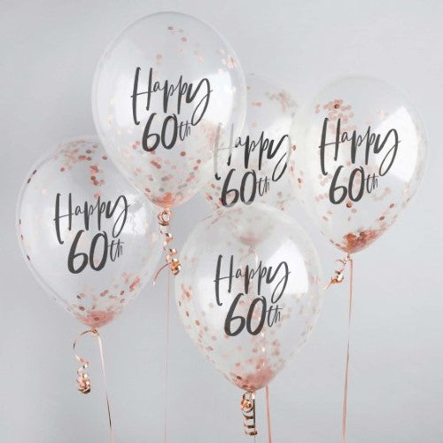 Metallic Mix Up Rose Gold 'Happy 60th' Confetti 30cm Latex Balloons - Pack of 5