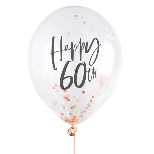 Metallic Mix Up Rose Gold 'Happy 60th' Confetti 30cm Latex Balloons - Pack of 5