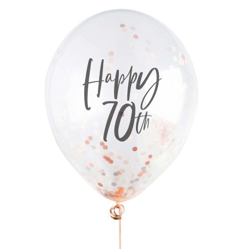 Metallic Mix Up Rose Gold 'Happy 70th' Confetti 30cm Latex Balloons - Pack of 5