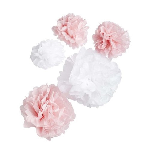 Baby Shower Pink & White Pom Poms - Pack of 5