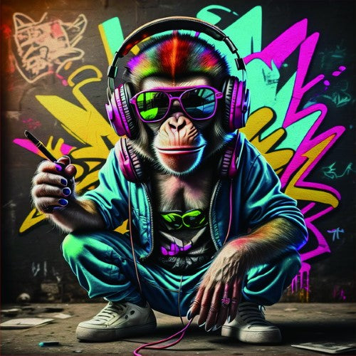 Framed PVC Pop Art - Chimpanzee with Headphones 1 (30 x 30cm)