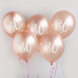 Metallic Mix Up Rose Gold '30' Latex 30cm Balloons - Pack of 5