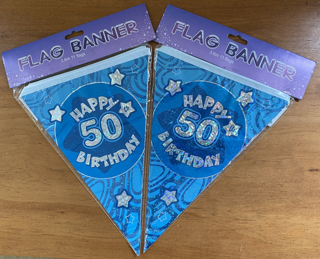 Vibrant blue "Happy 50th Birthday" banners set of 2, perfect for celebrating a milestone birthday with style.
