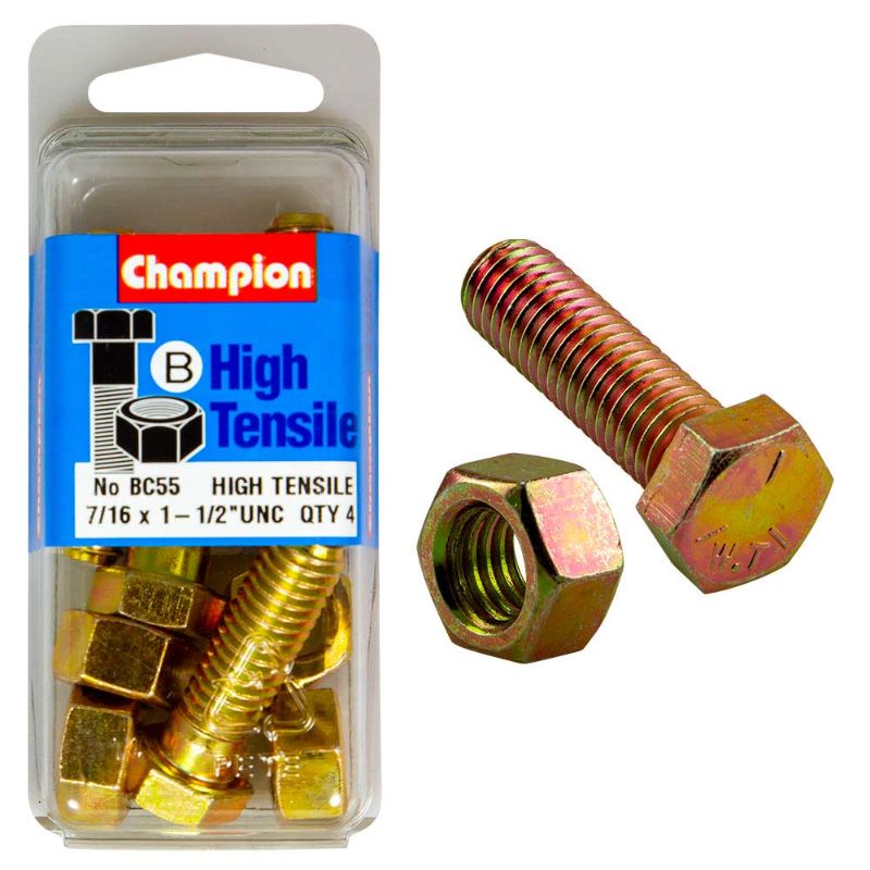 High-quality Champion GR5 bolt and nut set, 1-1/2in x 7/16in, ideal for strong connections in various projects.